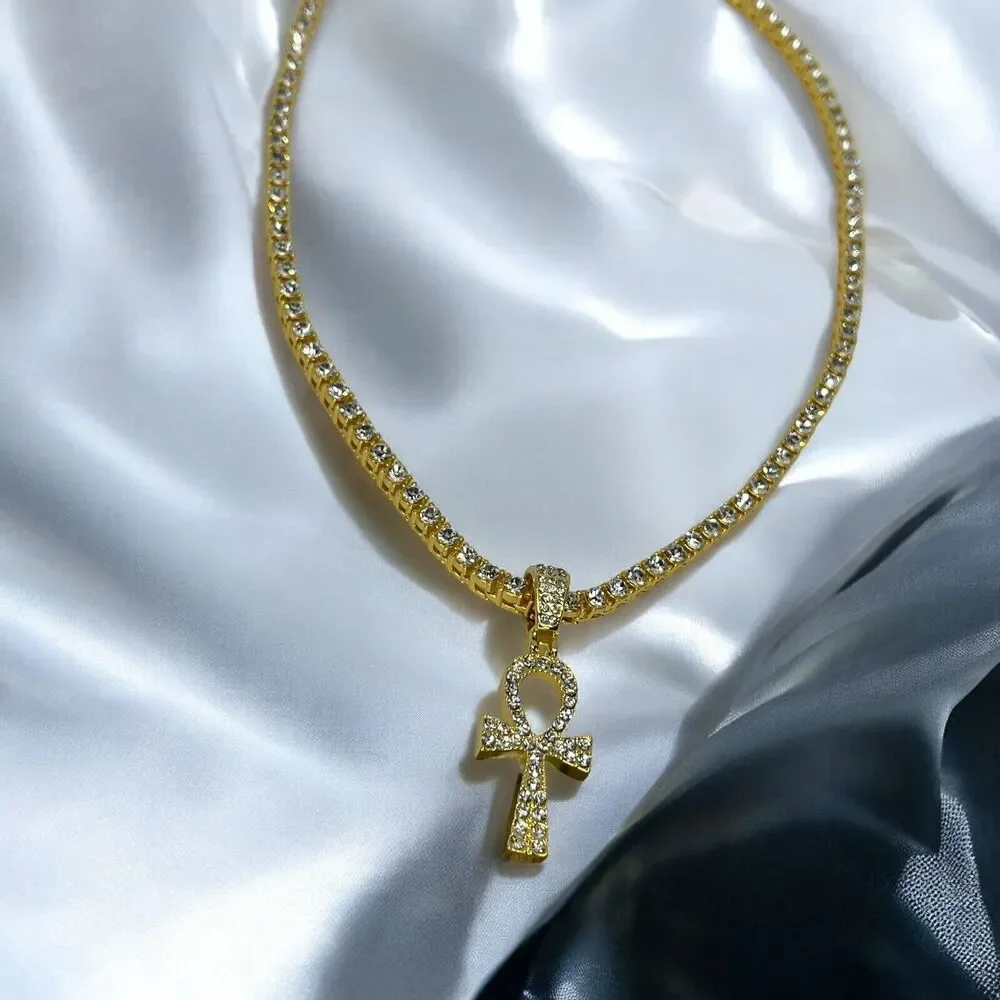 Gold Tone Ahnk Cross Tennis Pendant Necklace 23” Crystal Men's Faith Fashion NEW